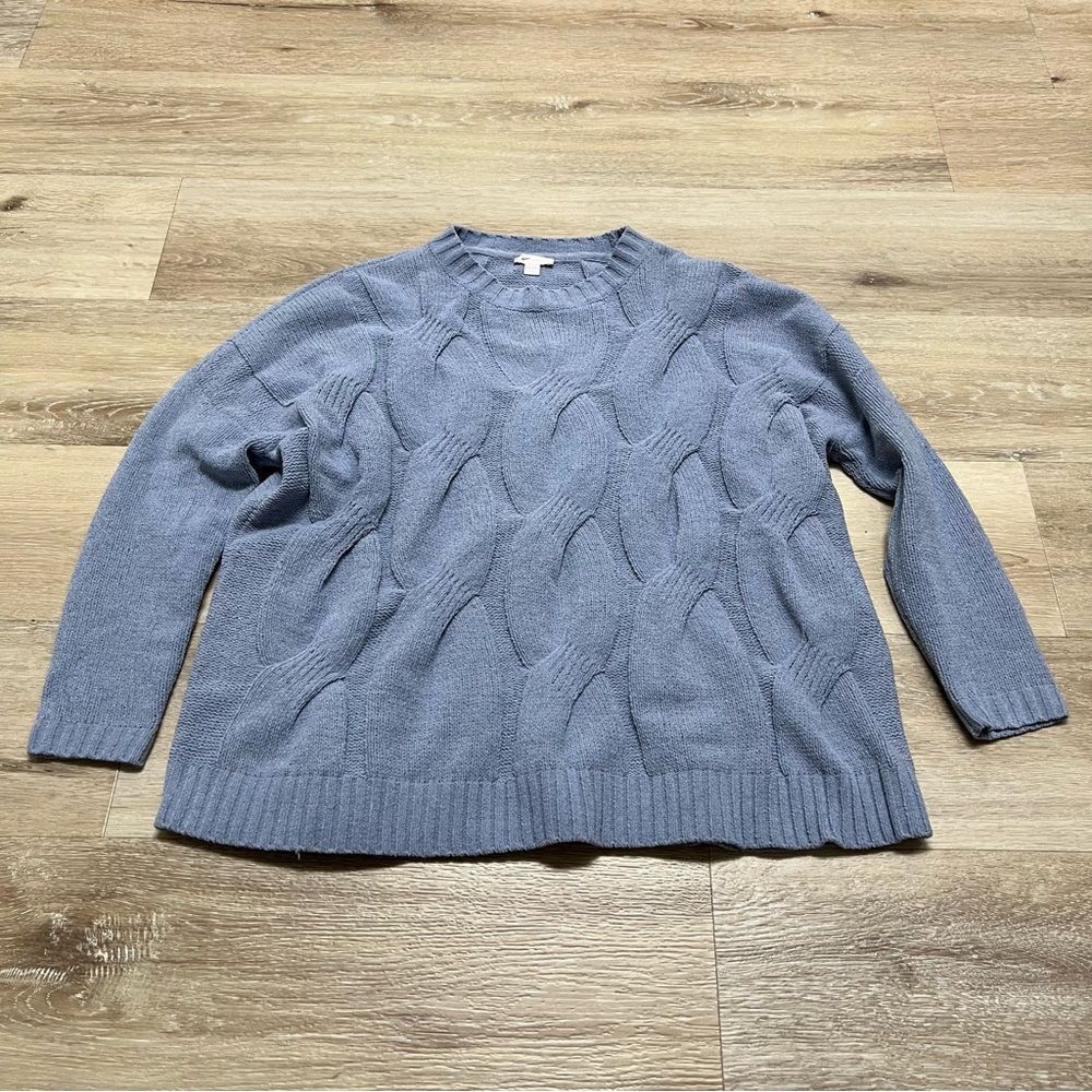 J.Jill Chenille Sweater BluQuart Cable Knit Crew Neck Chunky Pullover Size Small
